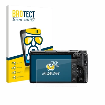 Vorderseite einer Produktverpackung mit dem Markenlogo BROTECT. Daneben ist das Gerät Ricoh GR IV HDF 2025 mit dem zugehörigen