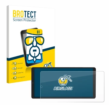 Vorderseite einer Produktverpackung mit dem Markenlogo BROTECT. Daneben ist das Gerät Shelly Wall Display X2 mit dem zugehörig