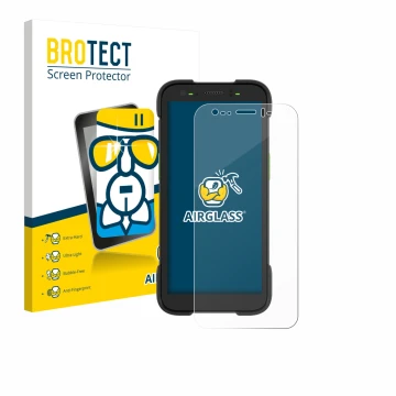 Vorderseite einer Produktverpackung mit dem Markenlogo BROTECT. Daneben ist das Gerät Zebra TC701 mit dem zugehörigen Displays