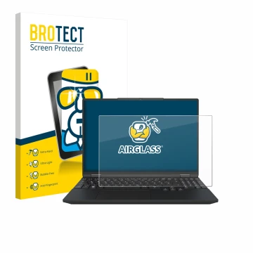 Vorderseite einer Produktverpackung mit dem Markenlogo BROTECT. Daneben ist das Gerät Tuxedo InfinityBook Max 15 Gen 10 mit de