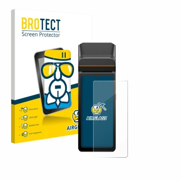 Vorderseite einer Produktverpackung mit dem Markenlogo BROTECT. Daneben ist das Gerät Sunmi V3 A13 mit dem zugehörigen Display