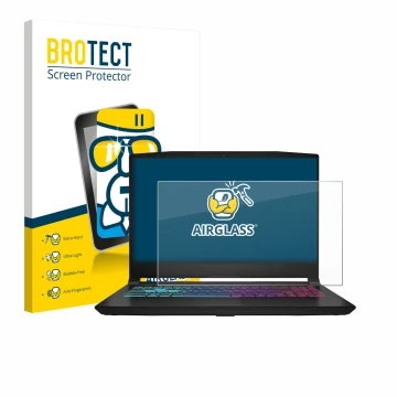 Vorderseite einer Produktverpackung mit dem Markenlogo BROTECT. Daneben ist das Gerät MSI Katana 15 HX B14 mit dem zugehörigen
