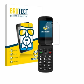 Vorderseite einer Produktverpackung mit dem Markenlogo BROTECT. Daneben ist das Gerät Simvalley Mobile XL-970 mit dem zugehöri