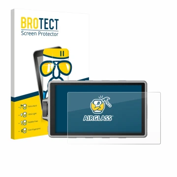 Vorderseite einer Produktverpackung mit dem Markenlogo BROTECT. Daneben ist das Gerät DJI Ronin 4D mit dem zugehörigen Display