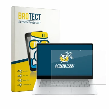 Vorderseite einer Produktverpackung mit dem Markenlogo BROTECT. Daneben ist das Gerät HP OmniBook X 17-de0776ngx mit dem zugeh