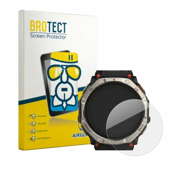 Vorderseite einer Produktverpackung mit dem Markenlogo BROTECT. Daneben ist das Gerät Huami Amazfit T-Rex Dual Solar mit dem z
