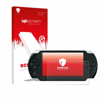 Vorderseite einer Produktverpackung mit dem Markenlogo upscreen. Daneben ist das Gerät Sony PSP 1000 mit dem zugehörigen Displ