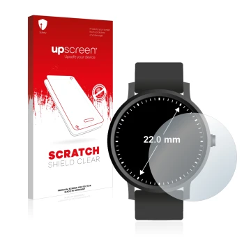 Vorderseite einer Produktverpackung mit dem Markenlogo upscreen. Daneben ist das Gerät Armbanduhren (Kreisrund, ø: 22 mm) mit 