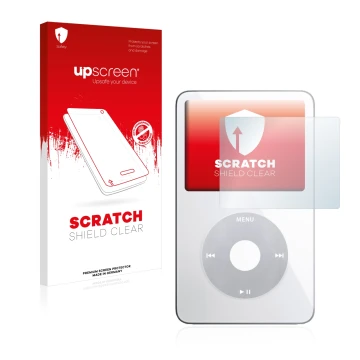 Vorderseite einer Produktverpackung mit dem Markenlogo upscreen. Daneben ist das Gerät Apple iPod classic video Display (5. Ge