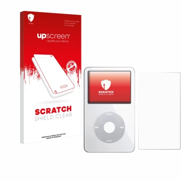 Vorderseite einer Produktverpackung mit dem Markenlogo upscreen. Daneben ist das Gerät Apple iPod Classic Video (Display+Rücks