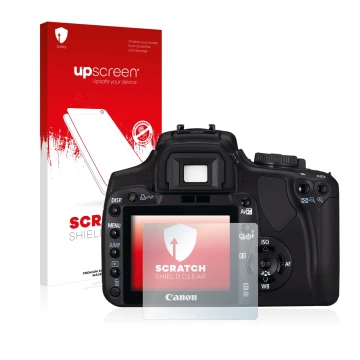 Vorderseite einer Produktverpackung mit dem Markenlogo upscreen. Daneben ist das Gerät Canon EOS 400D mit dem zugehörigen Disp