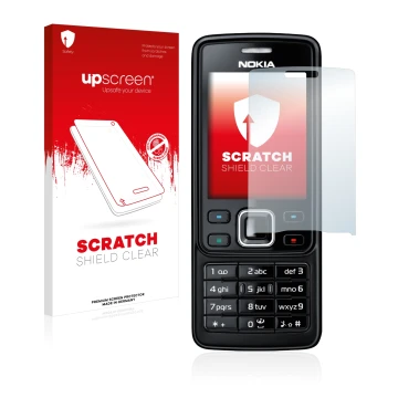 Vorderseite einer Produktverpackung mit dem Markenlogo upscreen. Daneben ist das Gerät Nokia 6300 2007 mit dem zugehörigen Dis