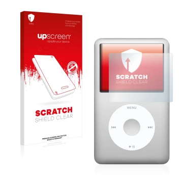 Vorderseite einer Produktverpackung mit dem Markenlogo upscreen. Daneben ist das Gerät Apple iPod Classic (6. Gen.) mit dem zu