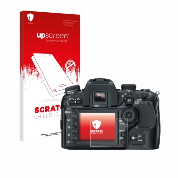 Vorderseite einer Produktverpackung mit dem Markenlogo upscreen. Daneben ist das Gerät Konica Minolta Dynax 7D mit dem zugehör