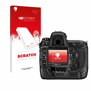 Vorderseite einer Produktverpackung mit dem Markenlogo upscreen. Daneben ist das Gerät Nikon D3 mit dem zugehörigen Displaysch