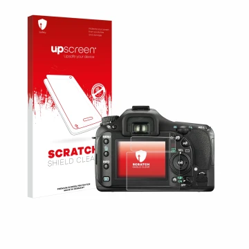 Vorderseite einer Produktverpackung mit dem Markenlogo upscreen. Daneben ist das Gerät Pentax K20D mit dem zugehörigen Display