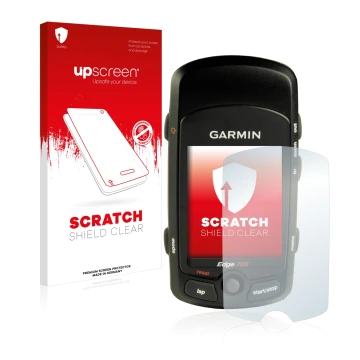 Vorderseite einer Produktverpackung mit dem Markenlogo upscreen. Daneben ist das Gerät Garmin Edge 705 mit dem zugehörigen Dis
