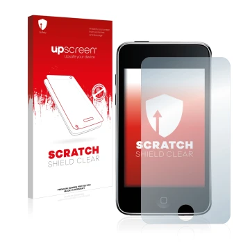 Vorderseite einer Produktverpackung mit dem Markenlogo upscreen. Daneben ist das Gerät Apple iPod Touch (2. Gen.) mit dem zuge