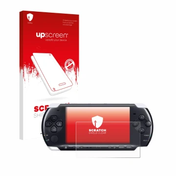 Vorderseite einer Produktverpackung mit dem Markenlogo upscreen. Daneben ist das Gerät Sony PSP 3000 mit dem zugehörigen Displ