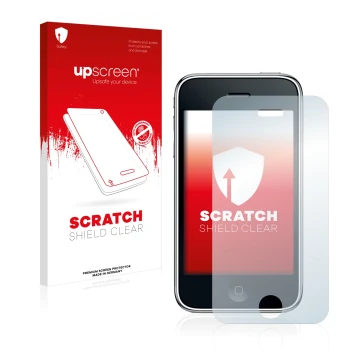 Vorderseite einer Produktverpackung mit dem Markenlogo upscreen. Daneben ist das Gerät Apple iPhone 3GS mit dem zugehörigen Di