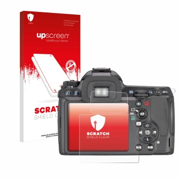 Vorderseite einer Produktverpackung mit dem Markenlogo upscreen. Daneben ist das Gerät Pentax K7, K-7 mit dem zugehörigen Disp