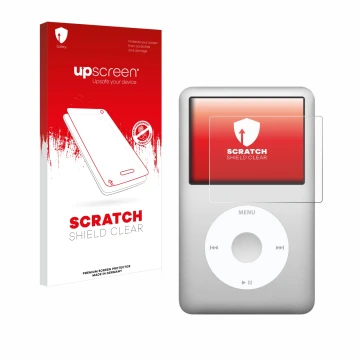 Vorderseite einer Produktverpackung mit dem Markenlogo upscreen. Daneben ist das Gerät Apple iPod classic 160 GB (7. Gen.) mit