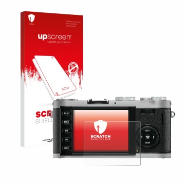 Vorderseite einer Produktverpackung mit dem Markenlogo upscreen. Daneben ist das Gerät Leica X1 mit dem zugehörigen Displaysch