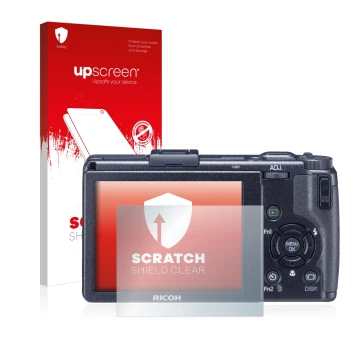 Vorderseite einer Produktverpackung mit dem Markenlogo upscreen. Daneben ist das Gerät Ricoh GR Digital III (2009-2011) mit de