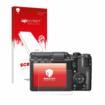 Vorderseite einer Produktverpackung mit dem Markenlogo upscreen. Daneben ist das Gerät Ricoh GXR mit dem zugehörigen Displaysc