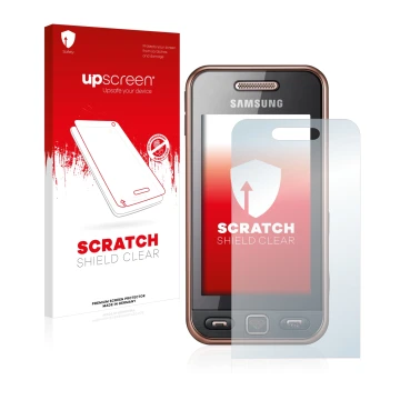 Vorderseite einer Produktverpackung mit dem Markenlogo upscreen. Daneben ist das Gerät Samsung GT-S5230 mit dem zugehörigen Di