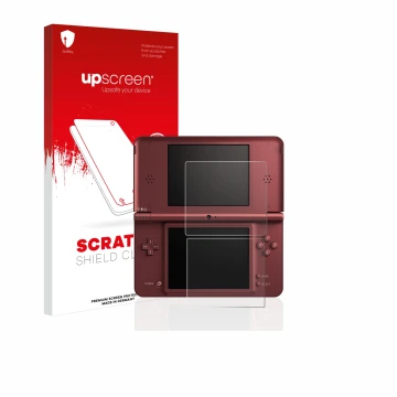 Vorderseite einer Produktverpackung mit dem Markenlogo upscreen. Daneben ist das Gerät Nintendo DSi XL mit dem zugehörigen Dis