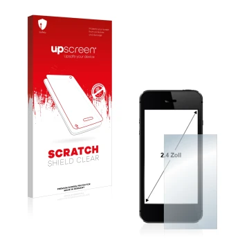 Vorderseite einer Produktverpackung mit dem Markenlogo upscreen. Daneben ist das Gerät mit dem zugehörigen Displayschutz abgeb