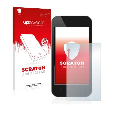 Vorderseite einer Produktverpackung mit dem Markenlogo upscreen. Daneben ist das Gerät mit dem zugehörigen Displayschutz abgeb
