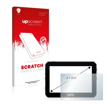 Vorderseite einer Produktverpackung mit dem Markenlogo upscreen. Daneben ist das Gerät mit dem zugehörigen Displayschutz abgeb