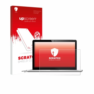 Vorderseite einer Produktverpackung mit dem Markenlogo upscreen. Daneben ist das Gerät mit dem zugehörigen Displayschutz abgeb