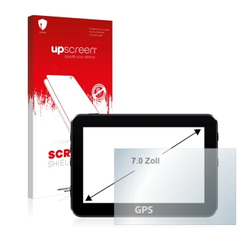 Vorderseite einer Produktverpackung mit dem Markenlogo upscreen. Daneben ist das Gerät mit dem zugehörigen Displayschutz abgeb