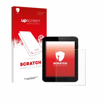 Vorderseite einer Produktverpackung mit dem Markenlogo upscreen. Daneben ist das Gerät mit dem zugehörigen Displayschutz abgeb