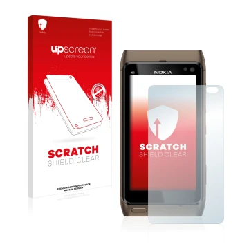 Vorderseite einer Produktverpackung mit dem Markenlogo upscreen. Daneben ist das Gerät Nokia n8 mit dem zugehörigen Displaysch