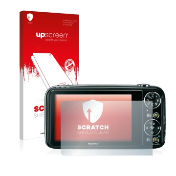 Vorderseite einer Produktverpackung mit dem Markenlogo upscreen. Daneben ist das Gerät Fujifilm FinePix Real 3D W3 mit dem zug