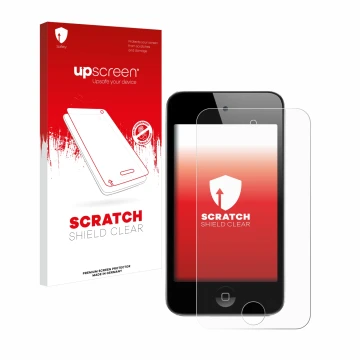 Vorderseite einer Produktverpackung mit dem Markenlogo upscreen. Daneben ist das Gerät Apple iPod Touch (4. Gen.) mit dem zuge