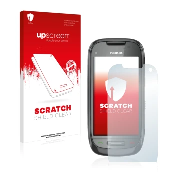 Vorderseite einer Produktverpackung mit dem Markenlogo upscreen. Daneben ist das Gerät Nokia C7-00 mit dem zugehörigen Display