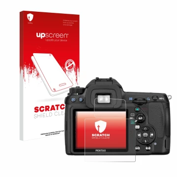Vorderseite einer Produktverpackung mit dem Markenlogo upscreen. Daneben ist das Gerät Pentax K5, K-5 mit dem zugehörigen Disp