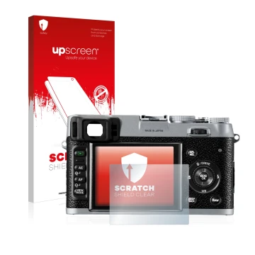 Vorderseite einer Produktverpackung mit dem Markenlogo upscreen. Daneben ist das Gerät Fujifilm FinePix X100 mit dem zugehörig