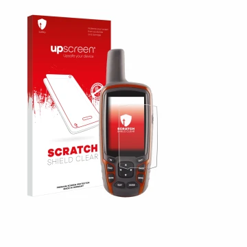 Vorderseite einer Produktverpackung mit dem Markenlogo upscreen. Daneben ist das Gerät Garmin GPSMAP 62s mit dem zugehörigen D