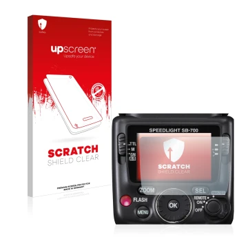 Vorderseite einer Produktverpackung mit dem Markenlogo upscreen. Daneben ist das Gerät Nikon SB-700 mit dem zugehörigen Displa