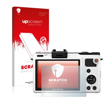 Vorderseite einer Produktverpackung mit dem Markenlogo upscreen. Daneben ist das Gerät Olympus XZ-1 mit dem zugehörigen Displa