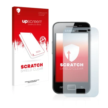 Vorderseite einer Produktverpackung mit dem Markenlogo upscreen. Daneben ist das Gerät Samsung Galaxy Ace S5830 mit dem zugehö