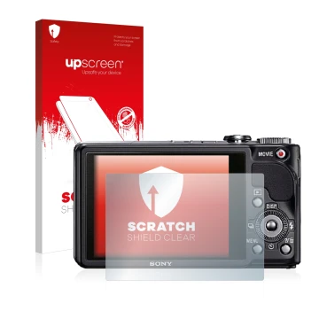 Vorderseite einer Produktverpackung mit dem Markenlogo upscreen. Daneben ist das Gerät Sony Cyber-Shot DSC-HX9V mit dem zugehö