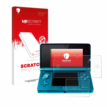 Vorderseite einer Produktverpackung mit dem Markenlogo upscreen. Daneben ist das Gerät Nintendo 3DS mit dem zugehörigen Displa