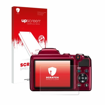 Vorderseite einer Produktverpackung mit dem Markenlogo upscreen. Daneben ist das Gerät Nikon Coolpix L120 mit dem zugehörigen 